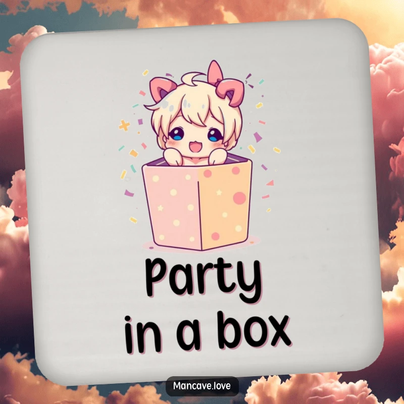 Funny drink coaster featuring a character bursting from a gift box with confetti, protecting tables with humor and celebratory flair.