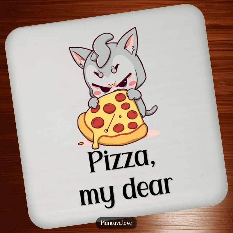 Funny drink coaster showcasing a mischievous character sneaking a giant slice of pizza, offering protection with a humorous touch.