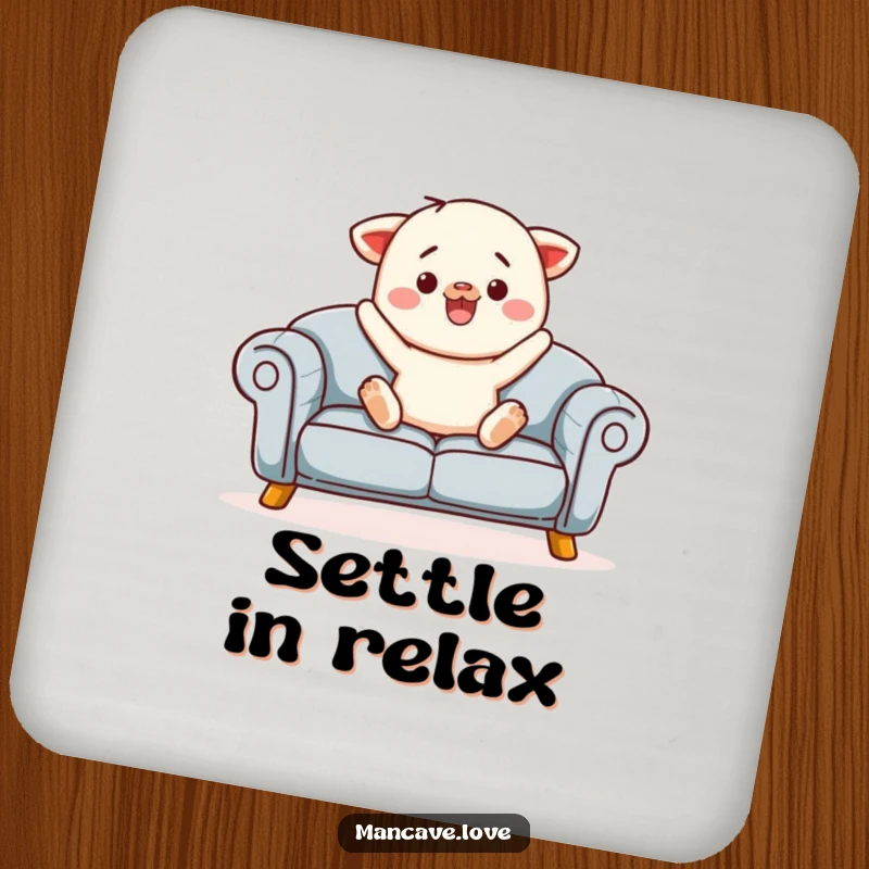 Funny sofa jump coaster featuring a contented sofa character inviting a jump, perfect for protecting surfaces.