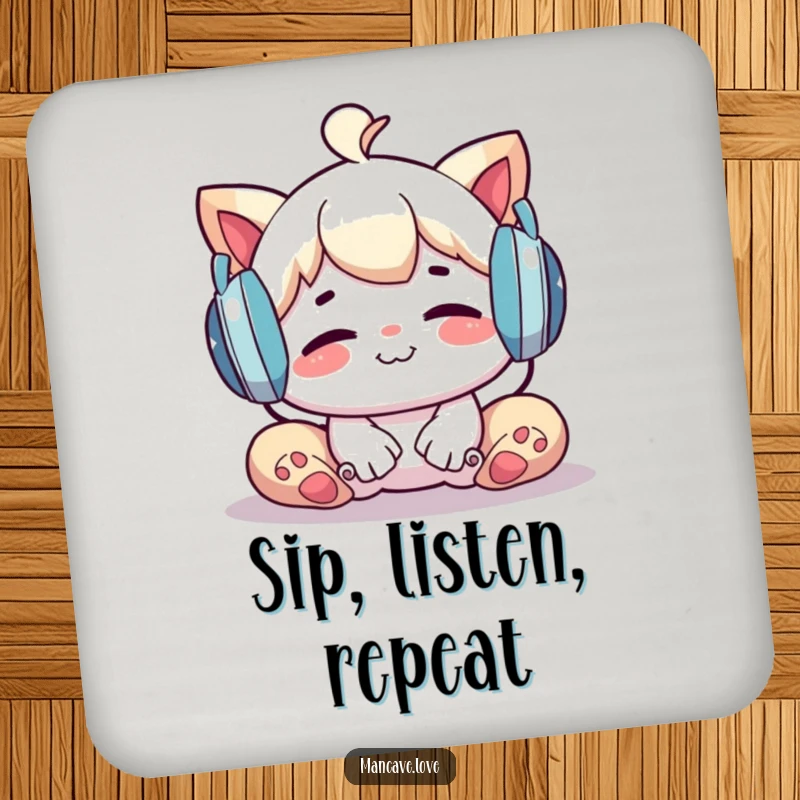 Funny Coaster: A character relaxing with headphones, bringing music vibes and surface protection, a charming funny gift.