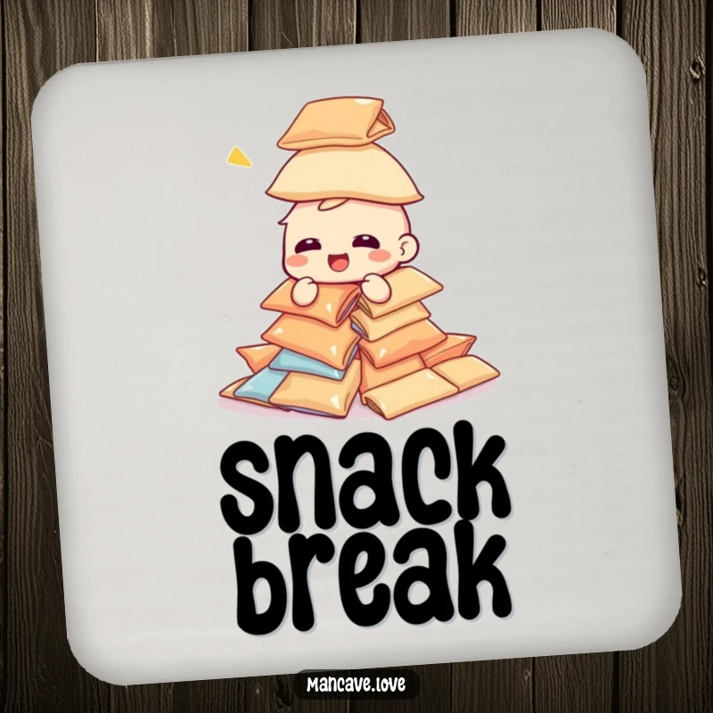 Funny giggling character coaster, attempting to build a tower of snack bags, humorous and protective accessory.