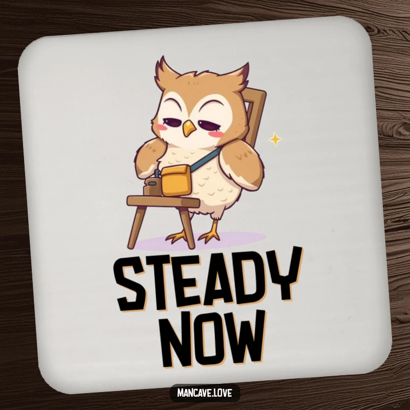 Funny Owl Drink Coaster: A cute owl with a tool belt humorously attempts to fix a wobbly chair, protecting surfaces with style.