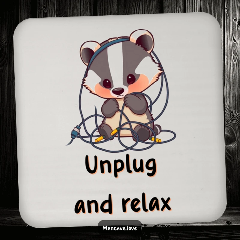 Funny Badger Drink Coaster: A cute badger character curiously examines a tangled mess of wires, humorously protecting tables.