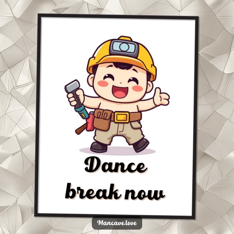 Funny toolbelt character doing a happy jig, presented as a lively and humorous poster.