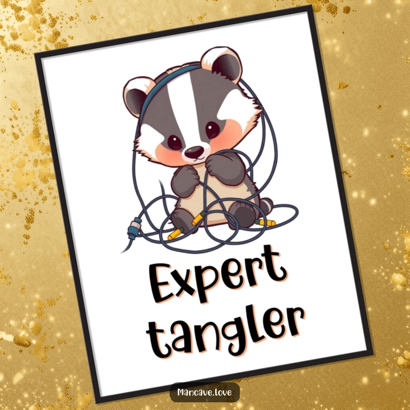 Funny Badger Poster: A cute badger character looks curiously at a tangled mess of wires, creating humorous and charming wall art.