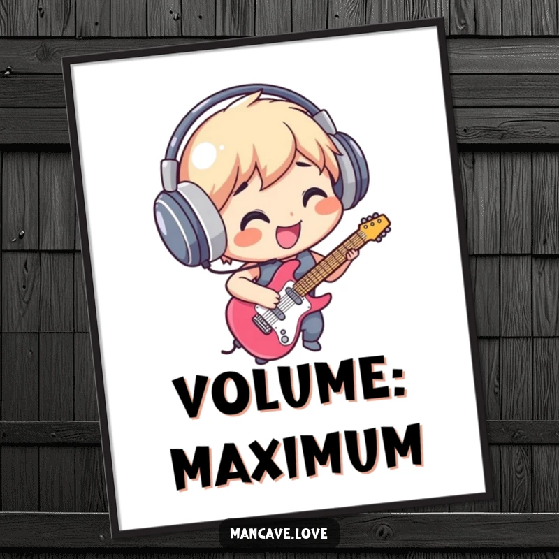 Funny Poster: A smiling character wearing headphones, striking a rockstar pose while playing an air guitar, radiating pure joy.