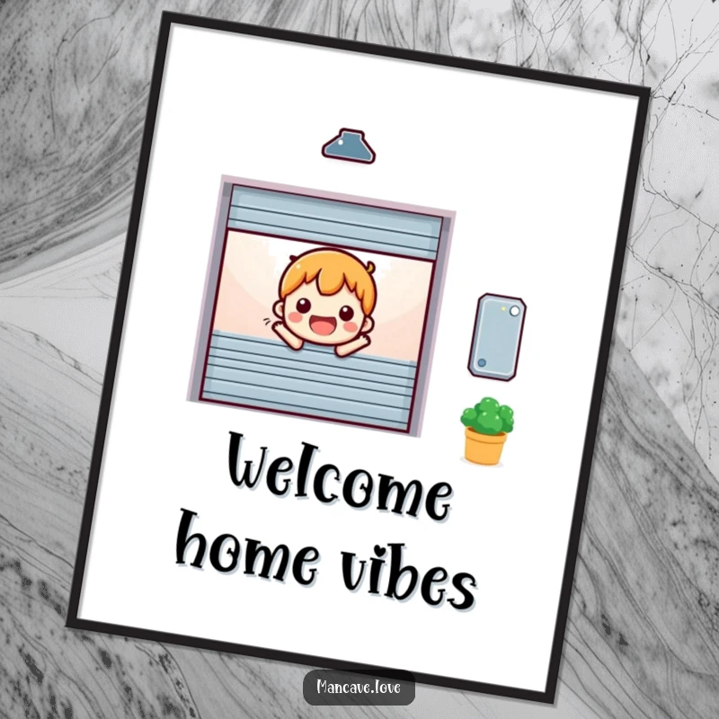 Funny miniature garage door character opening cheerfully, presented as a welcoming and humorous poster.