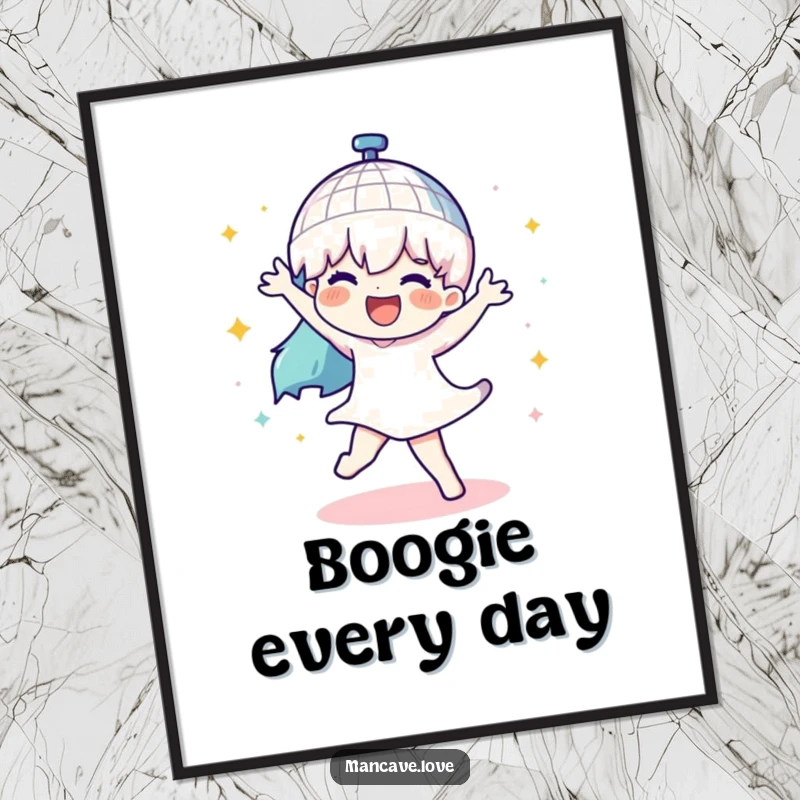 Funny poster art of a character dancing with a spinning disco ball, perfect for adding retro party vibes and humor.