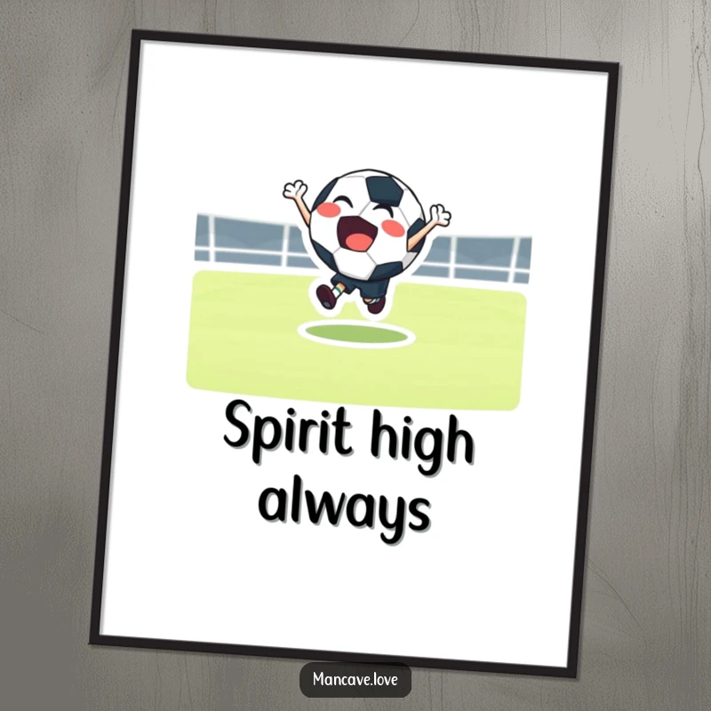 Funny football bounce poster depicting a joyful character in an ecstatic bouncing stance, highlighting sports excitement.