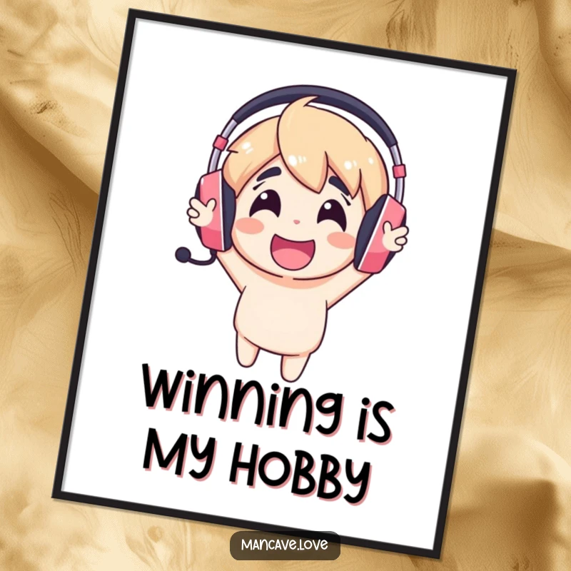 Funny gaming headset poster showing a cheerful character with a headset, cheering loudly, perfect for gaming decor.