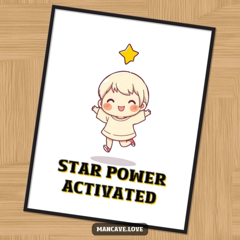 Funny Poster showcasing a character's joyful spontaneous skip with a luminous star above, embodying pure happiness and optimism.