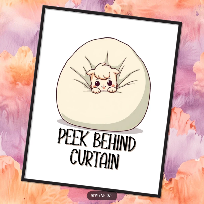 Funny mischievous character poster, peeking from behind a giant beanbag chair, humorous wall art for playful spaces.