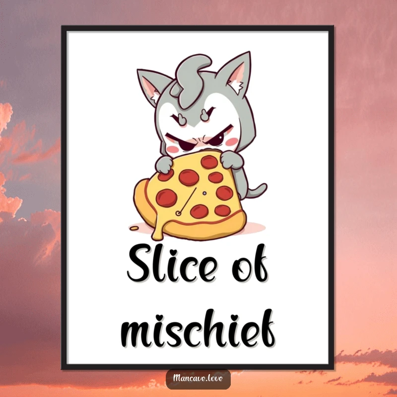 Funny poster depicting a mischievous character sneaking a giant slice of pizza, ideal for humorous wall art.