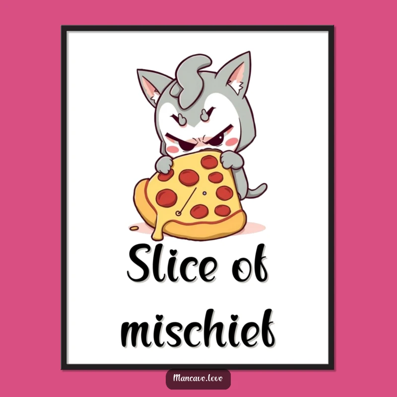 Funny Mischievous Pizza Poster - Sneaky Character Art, Delightful Funny Gift for Kitchen Decor
