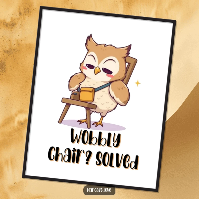 Funny Owl Poster: A cute owl character wearing a tiny tool belt humorously tries to fix a wobbly chair, creating funny wall art.