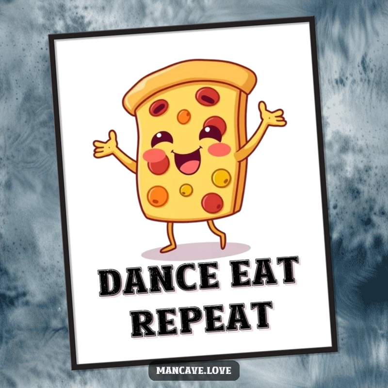 Funny pizza dance poster depicting a smiling pizza slice character in an ecstatic dance, perfect for food art.