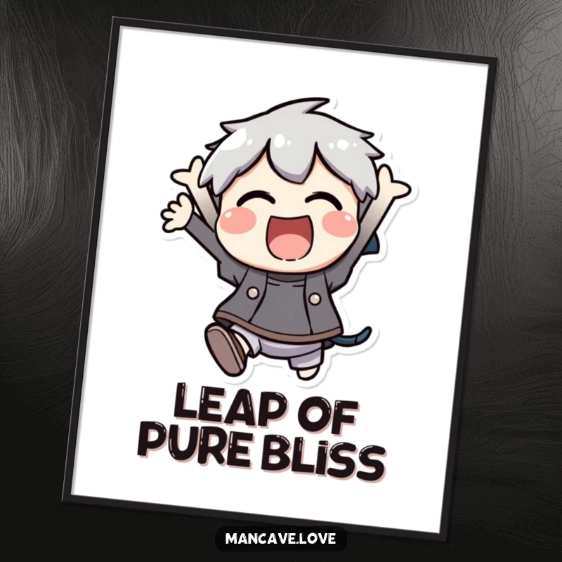 Funny Poster: An excited character captured mid-air, showcasing pure joy and uncontainable enthusiasm, a fantastic funny gift.