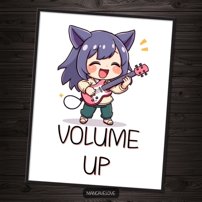 Funny poster of a character joyfully playing a tiny air guitar with extreme excitement, perfect for music-themed decor.