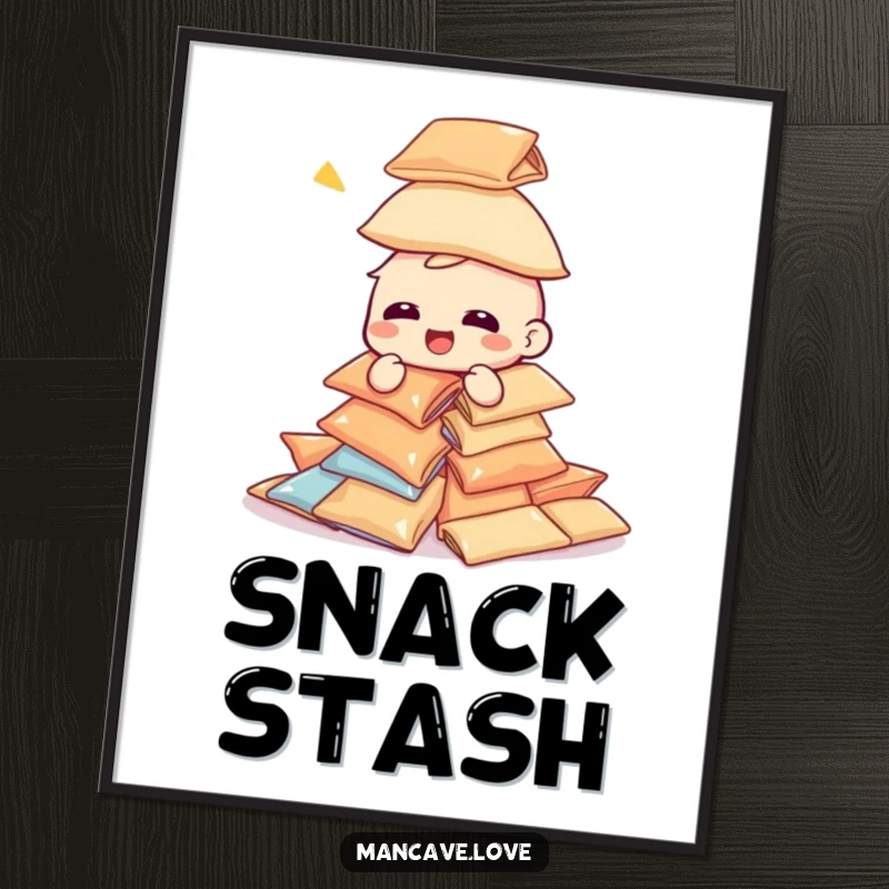 Funny giggling character poster, attempting to build a tower of snack bags, humorous wall art for snack lovers.