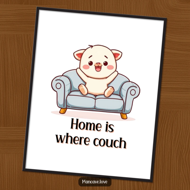 Funny sofa jump poster depicting a contented sofa character inviting a jump, perfect for adding cozy art.