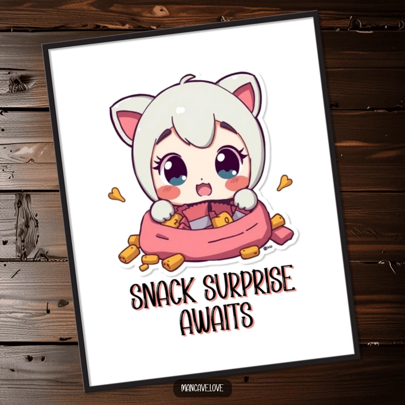 Funny Poster illustrates a character with wide, surprised eyes discovering a hidden stash of snacks, evoking humorous shock and delight.