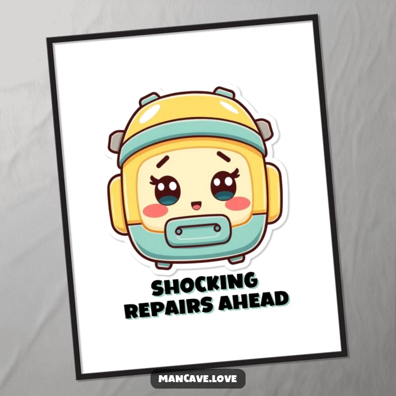 Funny mini toolbox character with a surprised expression, presented as a quirky and humorous poster.