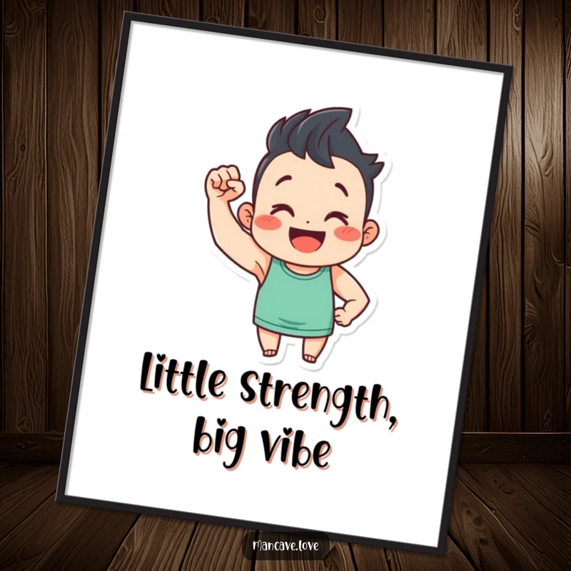 Funny poster art depicting a cute character flexing a small bicep with a cheerful smile, adding motivational humor to any room.