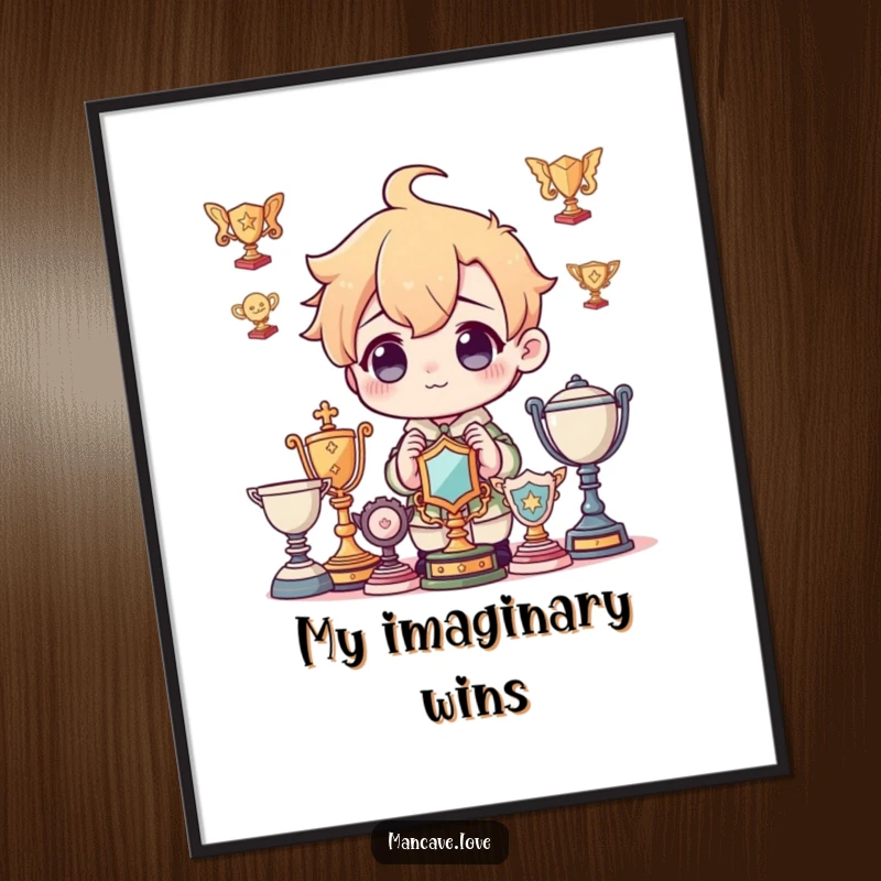 Funny Poster: A charming character admiring a shelf full of imaginary trophies, celebrating success and ambition, an awesome funny gift.
