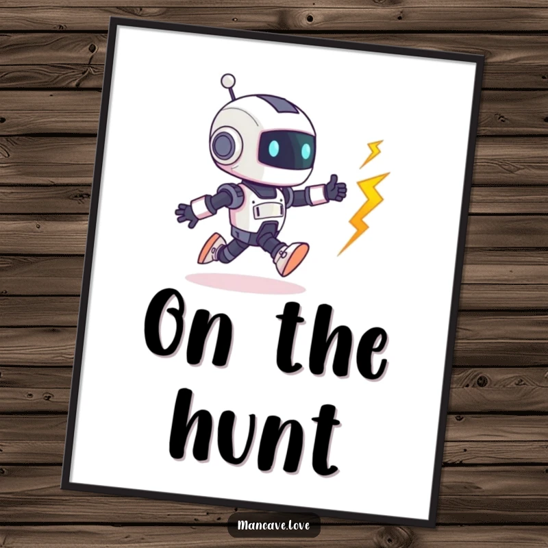 Funny Robot Poster: A tiny robot character humorously chases a runaway bolt, creating a dynamic and funny piece of wall art.