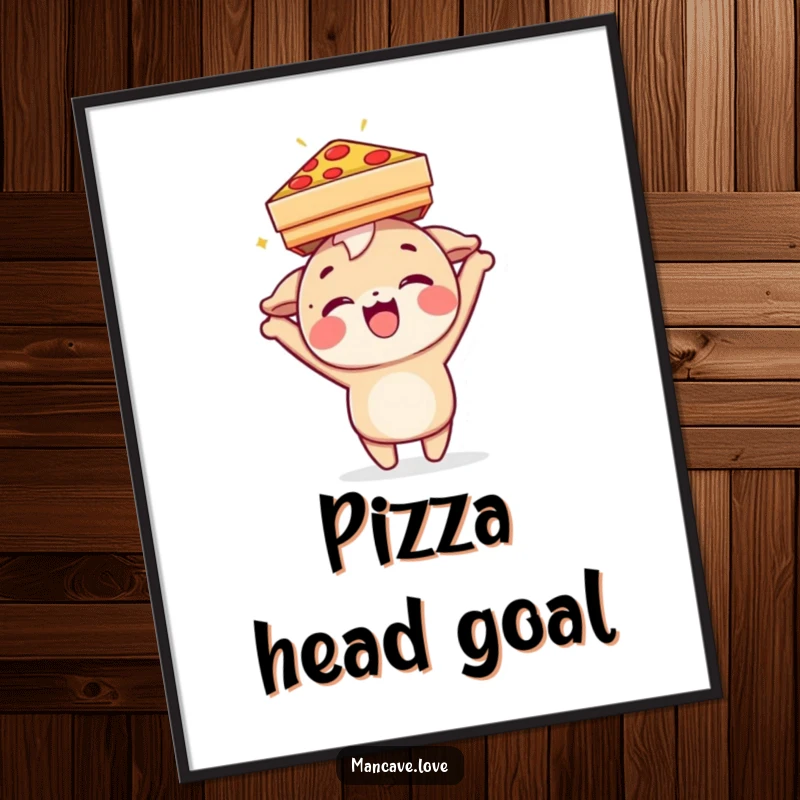 Funny Poster: A delighted character balancing a pizza box on its head, showcasing a playful and humorous food obsession.