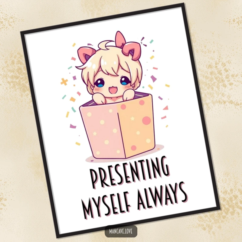 Funny poster art depicting a character bursting from a gift box with confetti, perfect for adding celebratory humor and visual energy.