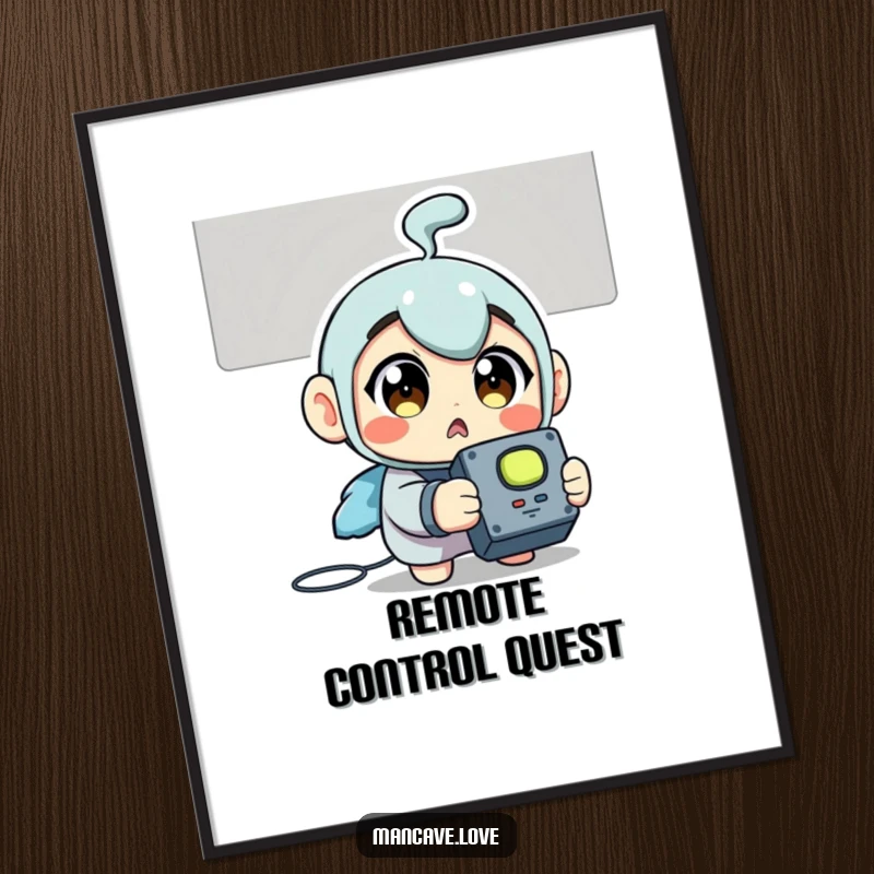 Funny Poster: A character with wide-eyed surprise holding a TV remote, capturing the universal joy of finding the clicker.