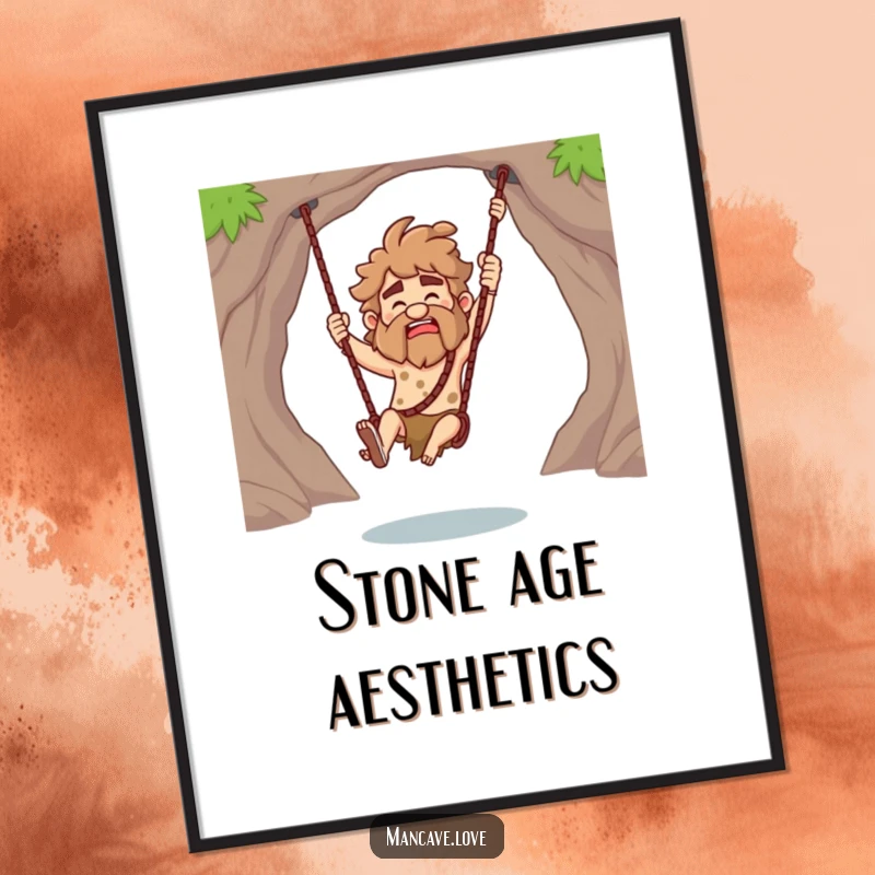 Funny Caveman Poster showcasing a character playfully swinging a club, adding a humorous and prehistoric vibe to any room.