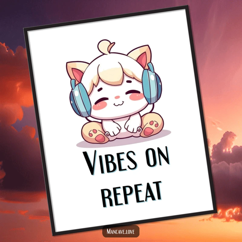 Funny Poster: A whimsical character deeply relaxed with large headphones, enjoying music, radiating peace, an awesome funny gift.