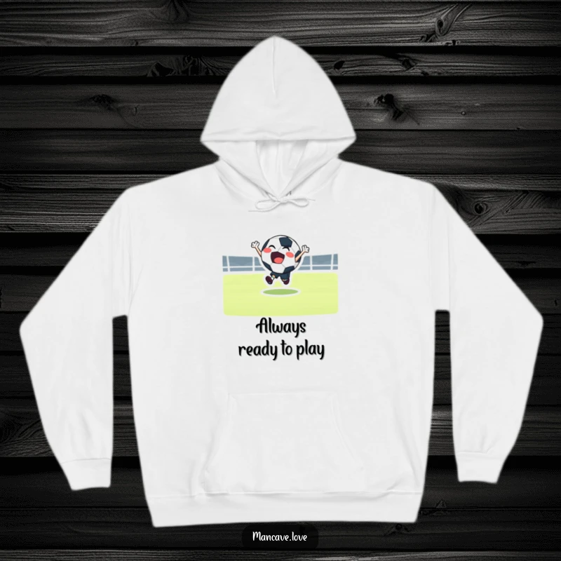 Funny football bounce hoodie with a joyful character energetically bouncing, ideal for showing sports passion.