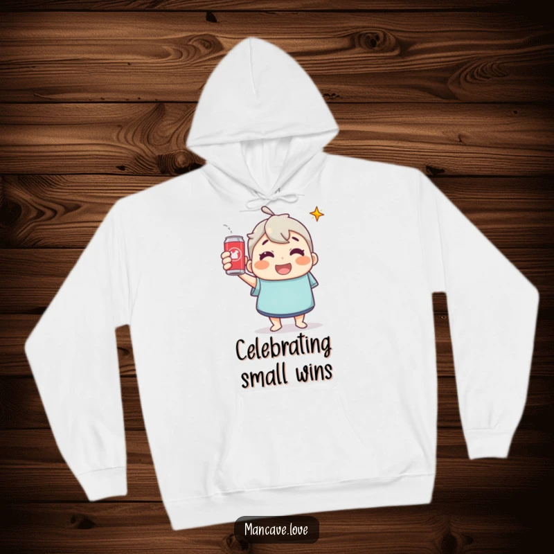 Funny Hoodie: A cheerful character holding up a soda can in a celebratory toast, embodying pure joy and festivity.