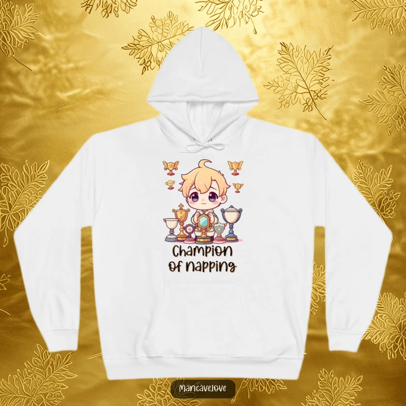 Funny Hoodie: A character admiring a collection of imaginary trophies, offering warmth and inspiration, a fantastic funny gift.
