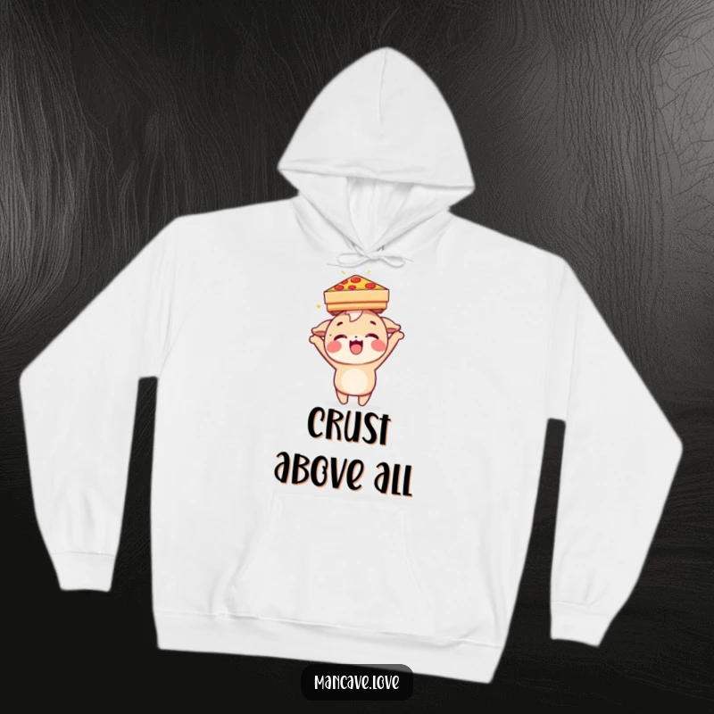 Funny Hoodie: A delighted character playfully balancing a pizza box on its head, radiating food-loving happiness.