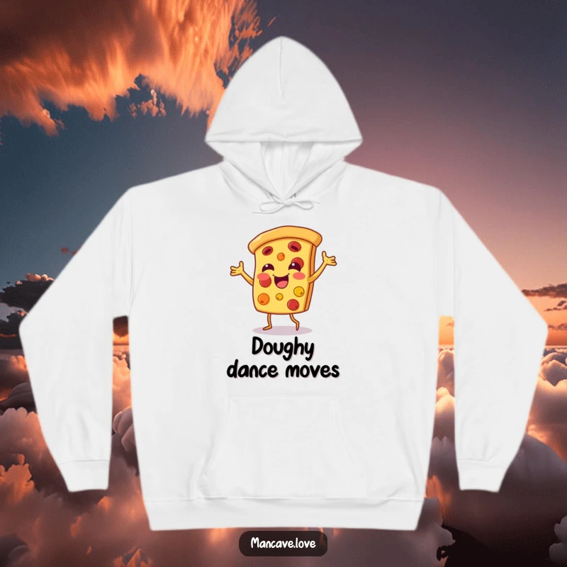 Funny pizza dance hoodie with a smiling pizza slice character dancing happily, perfect for cozy food celebrations.