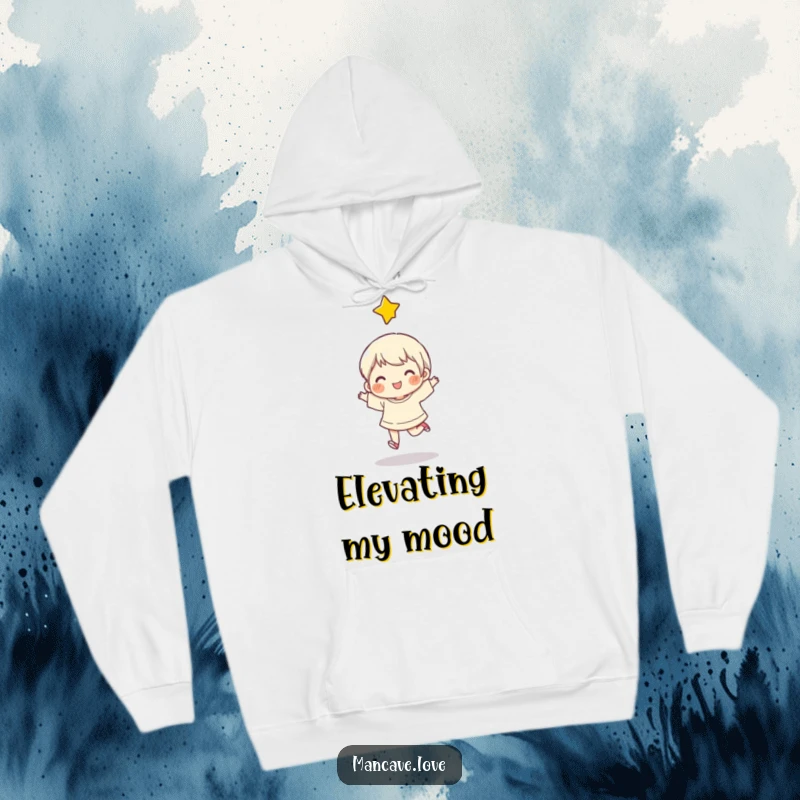 Funny Hoodie depicting a character performing a happy skip, a star shining above, symbolizing carefree joy and playful energy.