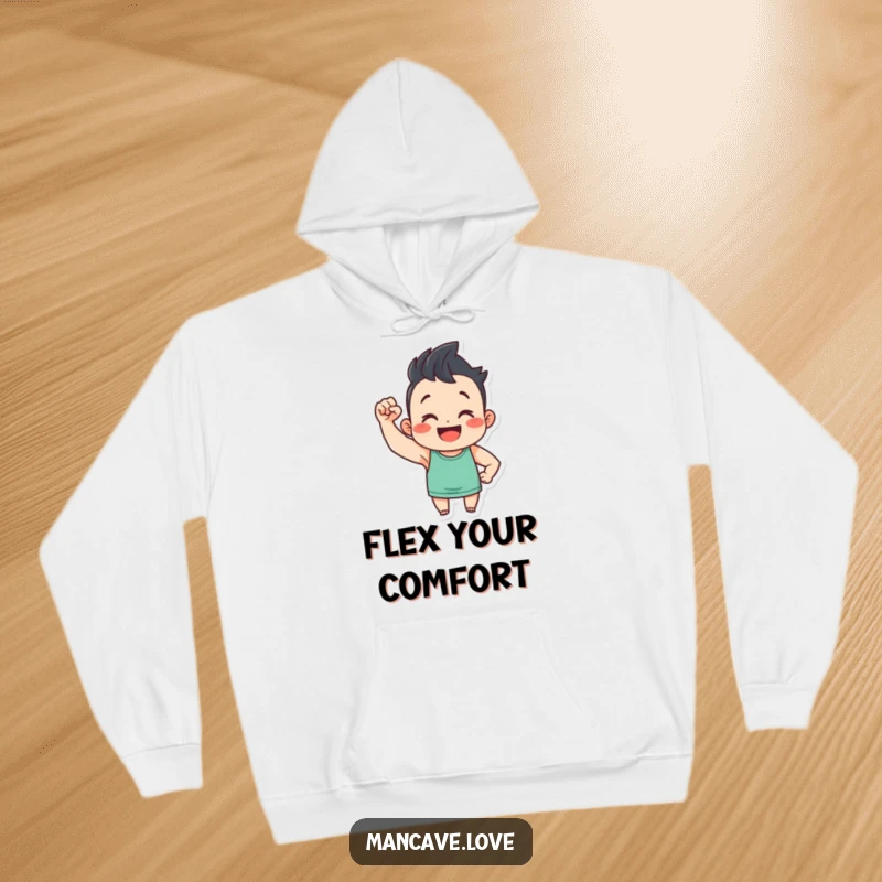 Funny hoodie showcasing a cute character flexing a small bicep with a big smile, ideal for comfort and humorous motivation.