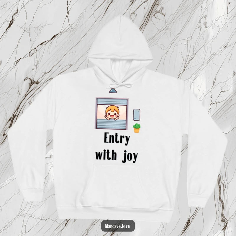 Funny miniature garage door character opening cheerfully, featured on a warm and comfortable hoodie.