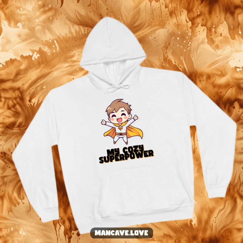 Funny hoodie featuring a character striking a heroic pose with a cape fluttering, perfect for staying warm and feeling like a hero.