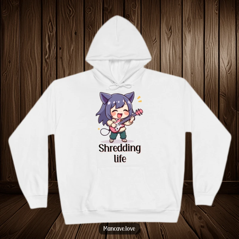 Funny hoodie with a character joyfully playing a tiny air guitar with great excitement, ideal for music lovers.