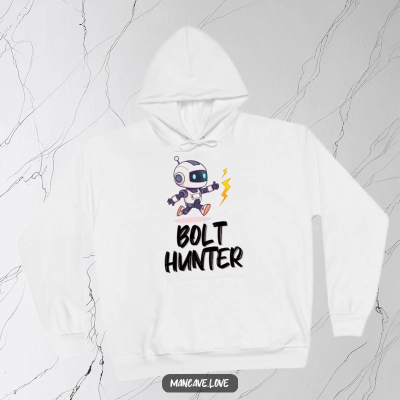 Funny Robot Hoodie: A tiny, cute robot with determination playfully chases a runaway bolt, featuring a humorous, action-packed design.