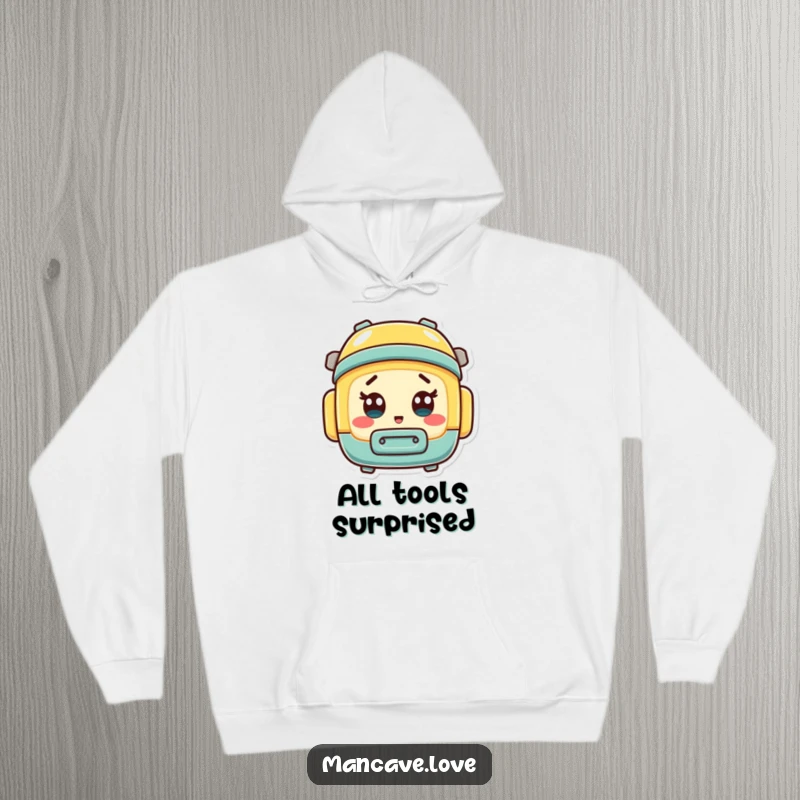 Funny mini toolbox character with a shocked expression, featured on a warm and comfortable hoodie.
