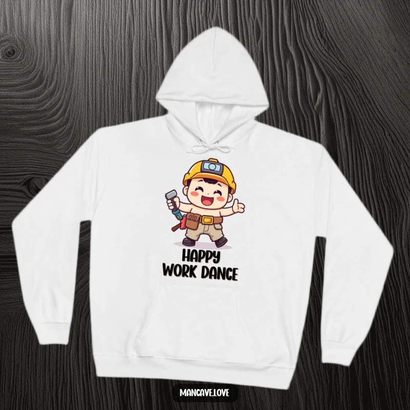 Funny toolbelt character doing a happy jig, featured on a warm and comfortable hoodie.