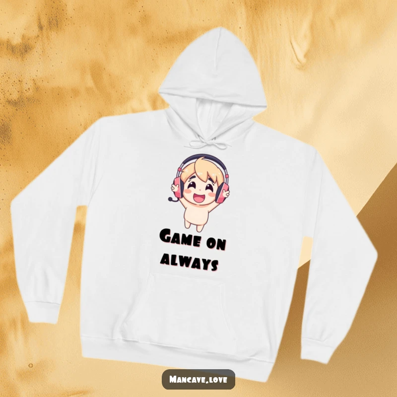 Funny gaming headset hoodie with a cheerful character wearing a headset and cheering, perfect for gamer comfort.