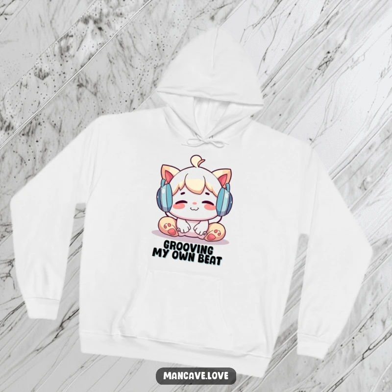 Funny Hoodie: A character happily listening to music with large headphones, offering warmth and a relaxed vibe, a fantastic funny gift.