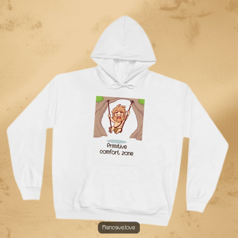 Funny Caveman Hoodie featuring a playful club-swinging character, perfect for cozying up with a dose of prehistoric humor.